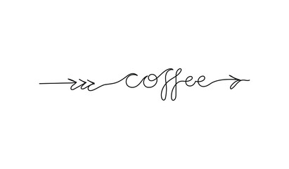 Continuous line drawing text with an arrow - coffee. Sign showing direction. Minimalist vector lettering isolated on white background for banner, poster, and t-shirt, signpost, menu.