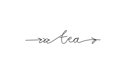 Continuous line drawing text with an arrow - tea. Sign showing direction. Minimalist vector lettering isolated on white background for banner, poster, and t-shirt, signpost, menu.