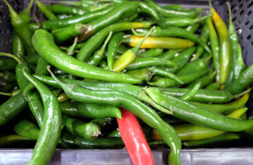 Still life with lot of long ripe green chili peppers inside black plastic box in the vegetable department store shop top view close up