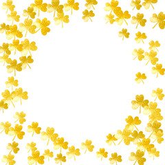 Shamrock background for Saint Patricks Day. Lucky trefoil confetti. Glitter frame of clover leaves.. Template for voucher, special business ad, banner. Irish shamrock background.