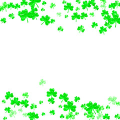 Clover background for Saint Patricks Day. Lucky trefoil confetti. Glitter frame of shamrock leaves. Template for special business offer, banner, flyer. Irish clover background.