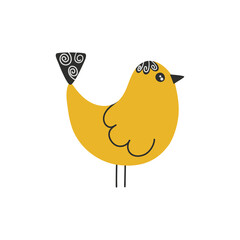 Little yellow bird in cartoon style with decorative elements. Isolated on a white. Vector design element.
