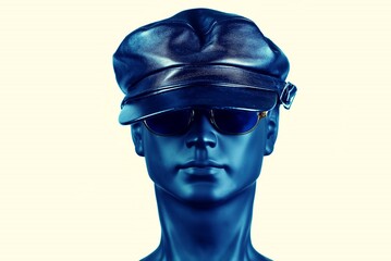 Mannequin head with leather hat and sunglasses, dominant blue color, light background.