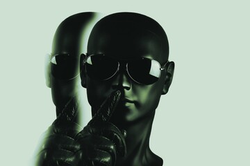 Double image of dark plastic mannequin head with sunglasses, index finger on the mouth. Dominance of greenish color.