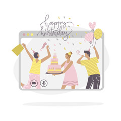 Young people characters celebrating birthday online, self isolation or remote party. Friends having fun in abstract screen. Flat vector illustration with lettering. Holiday banner.