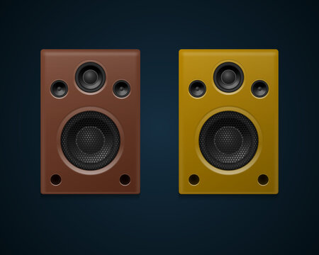 Realistic sound speakers isolated on dark background. Vector illustration.
