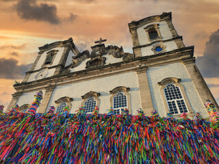 Bonfim Church facade with colored ribbons on the grid.