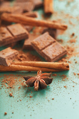 Chocolate broken into slices with cocoa powder and spices on a green background