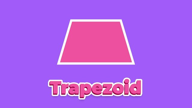 Pink trapezoid and text animation on a purple background. Learning geometric shapes in English. Educational game for children. 4k animation
