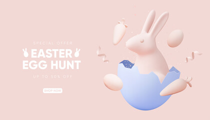 Easter holiday 3d illustration. Matt holiday bunny with eggs and carrots composition. Vector illustration.