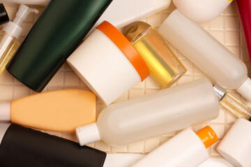 Shower gel, shampoo and hair mask in a bathroom