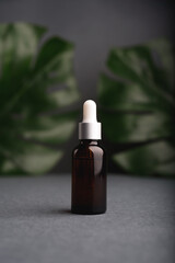 A glass dropper bottle and tropical monstera leaves on dark background.