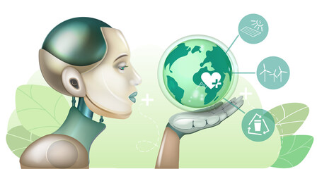 World Environment Day.
Future technologies protect ecology of earth. 
Taking care of nature with advanced technologies. 
Renewable energy sources.
Earth on girl's hand. Vector stock illustration.

