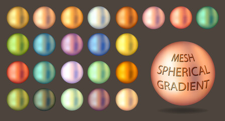 Gradient mesh in form of sphere. Spherical gradient mesh.
Metallic colored blanks for designers. Multicolored round gradients. 
Set of colors for working with volumetric shapes. 3d balls. Realistic.