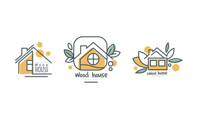 Eco Home or Eco-house Logo Design with Green Leaf Vector Set