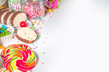 Selection of colorful sweets. Set of various candies, chocolates, donuts, cookies, lollipops, ice cream top view on white background