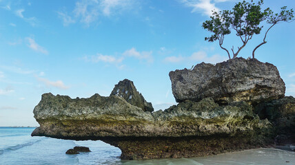 Beroemde rots van krokodilvorm op kustlijn van Boracay-eiland in Filippijnen van ongebruikelijke kant. Wit strand op Boracay, herkenbaar zeegezicht, reizend concept