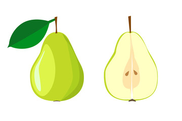 Set of pear whole and cut isolated on a white background