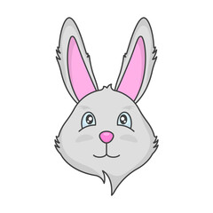 Drawing of a cute muzzle of a gray rabbit. Cartoon multi-colored image of the animal. Isolated vector illustration on a clean white background.