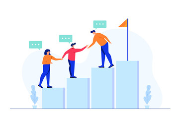 Business concept. Employees giving hands and helping colleagues to walk upstairs. Team metaphor. Vector illustration flat design style. Symbol of teamwork, cooperation, partnership.
