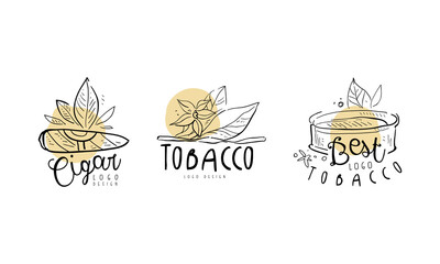 Tobacco Logo Design with Smoking Cigar and Plant Leaves in Hand Drawn Style Vector Set