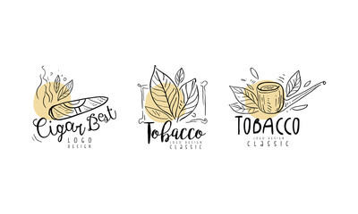 Fototapeta na wymiar Tobacco Logo Design with Smoking Pipe and Plant Leaves in Hand Drawn Style Vector Set
