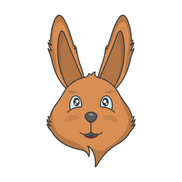 Drawing of a cute face of a brown rabbit. Cartoon multi-colored image of the animal. Isolated vector illustration on a clean white background.