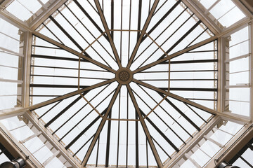 View up on the glass roof of the greenhouse with white frames and bars, towering above the floor in the Kew Gardens, London