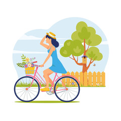 Fototapeta na wymiar Young woman in hat and summer dress rides bicycle with basket of flowers. Bike ride against sky on village street. Concept of summer holidays. Healthy lifestyle. Vector illustration in cartoon style
