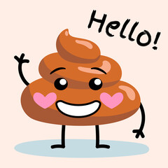 Shit or turd emoji vector character with happy wide smile on a face waving Hello, isolated illustration in flat cartoon and kawaii style