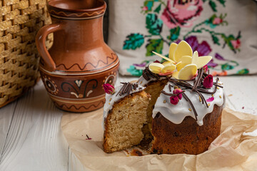 Easter cakes on a white wooden table.
