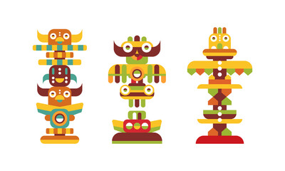 Totem Pole as Monumental Carving with Figures Vector Set