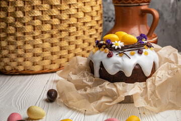 Easter cakes on a white wooden table.
