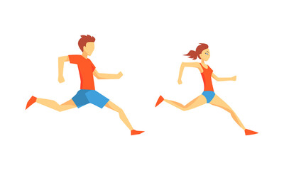 Fototapeta na wymiar Young Male and Female Running Marathon Sprinting Forward Vector Set