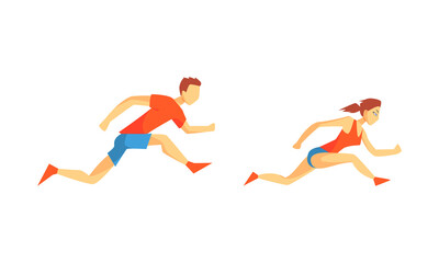 Young Male and Female Running Marathon Sprinting Forward Vector Set
