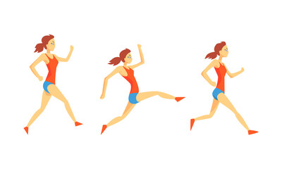 Young Female Running Marathon Sprinting Forward Vector Set