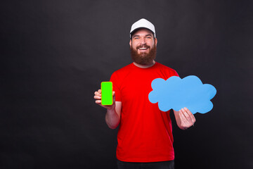 New cloud offer for your smart phone. Green screen on the smartphone.