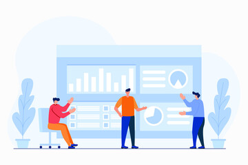 vector illustration of business, office workers are studying the infographic, the analysis of the evolutionary scale.