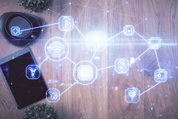 Double exposure of social network theme drawing over table with phone. Top view. People connecting concept.