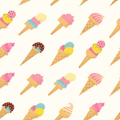 Ice cream cone pattern. Cute colorful summer seamless background.