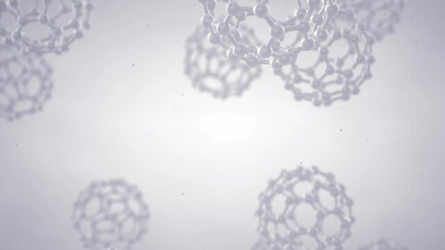 Animation of Carbon buckyball molecules falling down, Fullerene nanoparticles structure concept.