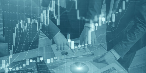 Three traders on a virtual screen. Stock market growth, upward trend.