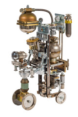 Steampunk robot on vehicle. Cyberpunk style. Chrome and bronze parts. Isolated on white.