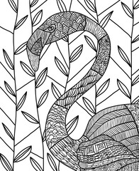 Isolated image of a flamingo. Coloring book for children and adults. stylish doodle illustration. Wildlife. Black and white. Meditation, relaxation, zen. Design of packaging, postcards and posters.
