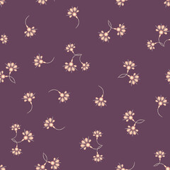 Fototapeta na wymiar Simple vector floral seamless pattern. Abstract background with small scattered hand drawn flowers. Liberty style wallpapers. Vintage ditsy texture. Purple, pink, peach color. Repeat minimal design