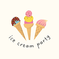 Ice cream party card design. Cute hand drawn flat decorated waffle cones with texture.