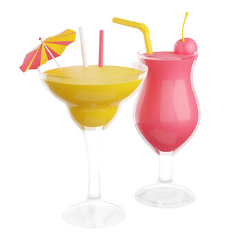 Fruit alcohol cocktails in glass 3d render illustration isolated on white background.