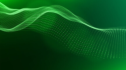 Abstract green particle background. Flow wave with dot landscape. Digital data structure. Future mesh or sound grid. Pattern point visualization. Technology vector illustration. © fantasyform