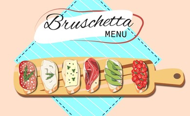 Bruschetta on a long cutting board placed on blue napkin. Vector bruschetta menu illustration.