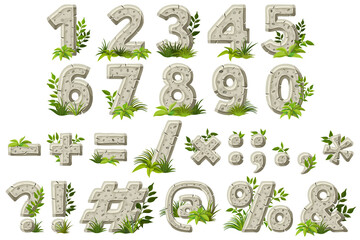Numbers, punctuation marks with leaves and grass. Stone age character digits isolated on white background. Cartoon old gray rock font. Vector prehistoric objects. 